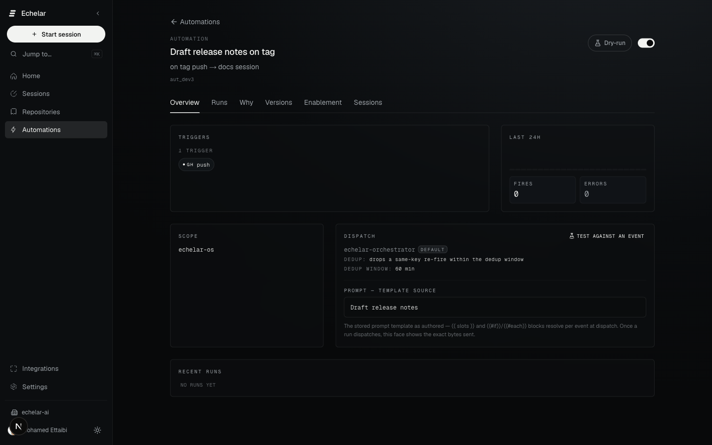 EchelarOS automation detail showing triggers, scope, dispatch, runs, versions, and enablement